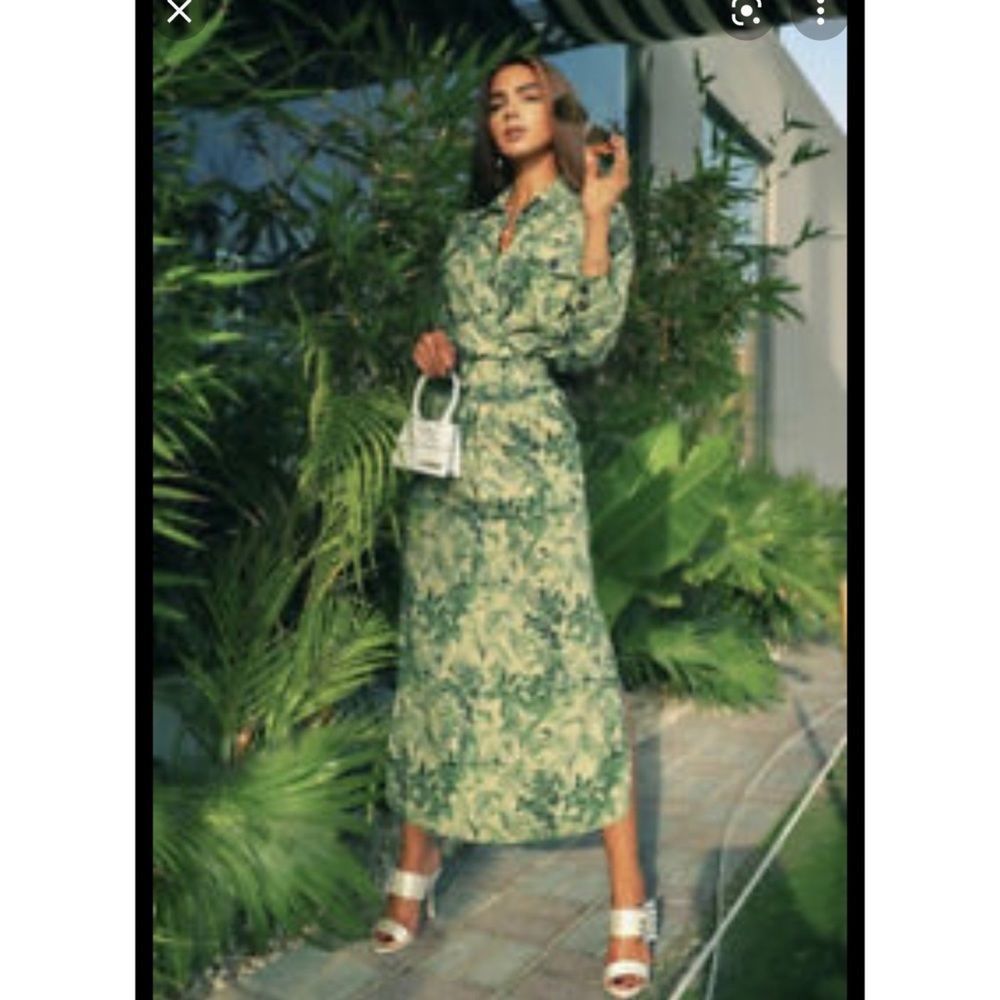 ZARA NWT WOMAN PRINTED WRAP-STYLE DRESS LINEN BLEND FLOWY GREEN